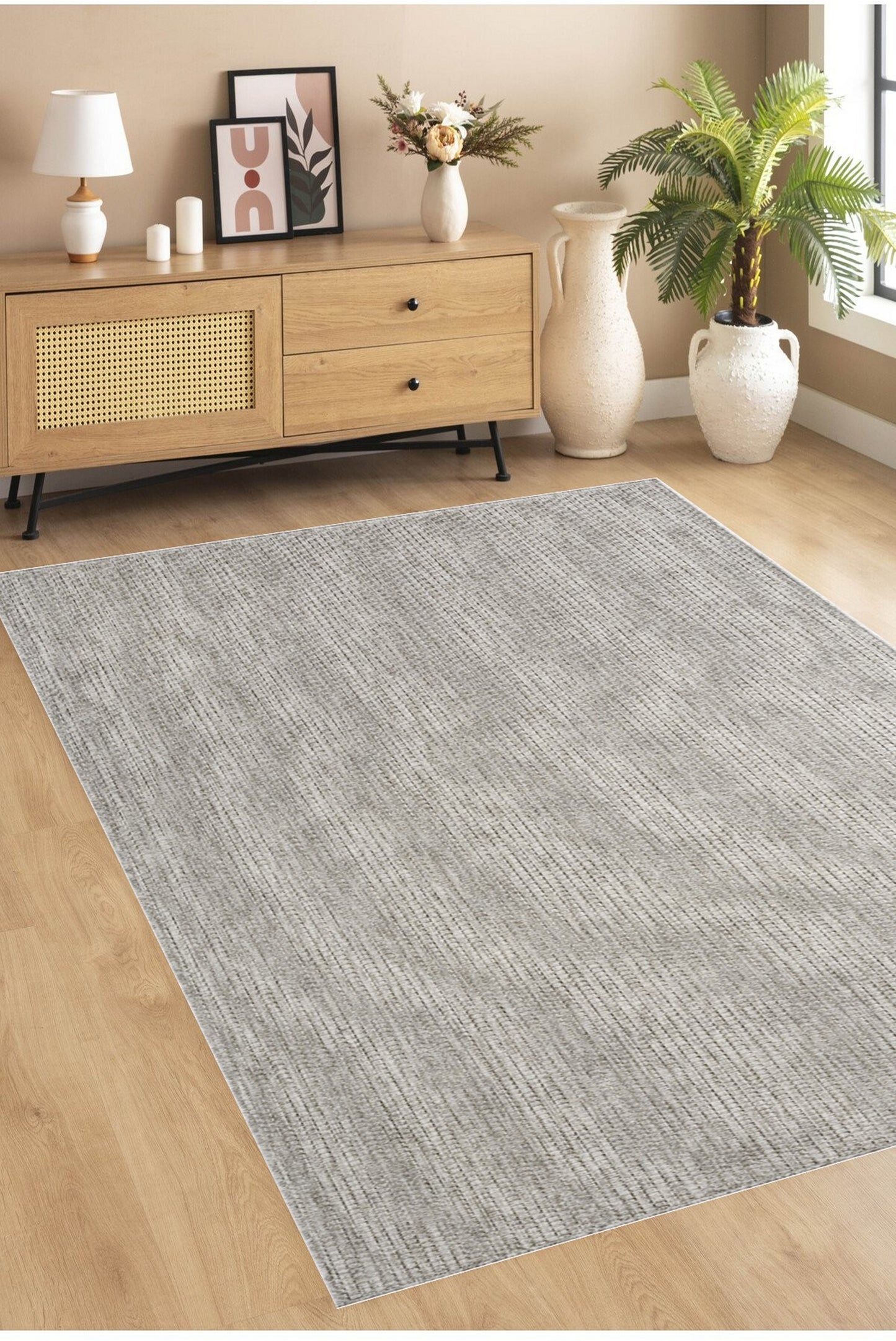 ROMANO 7766 Bej-Gri - Jüt Tabanlı Modern Dokuma Kilim Sisal Jüt Toz Vermez Hasır Halı & Yolluk & Oval & Daire