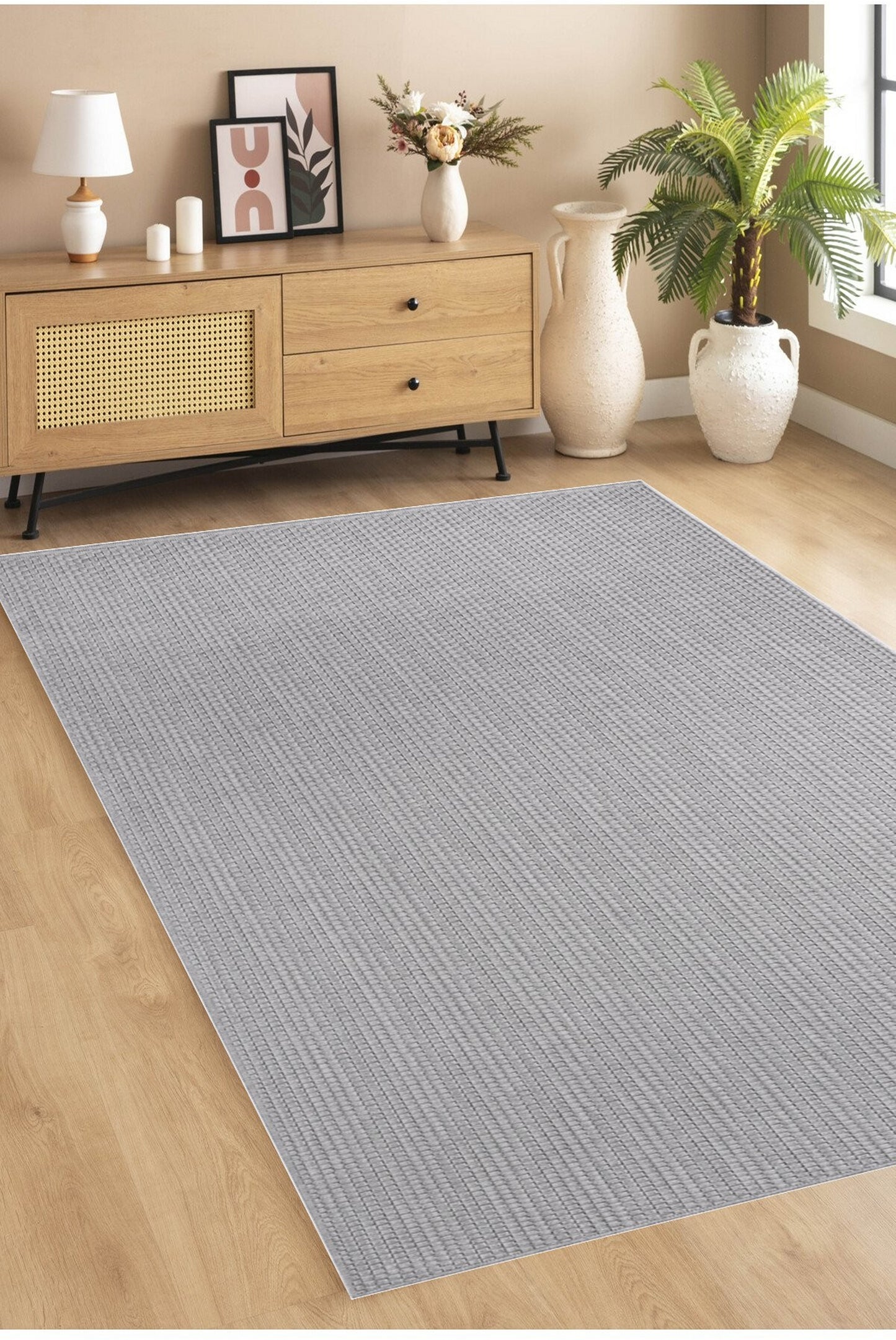 ROMANO 7766 Gri - Jüt Tabanlı Modern Dokuma Kilim Sisal Jüt Toz Vermez Hasır Halı & Yolluk & Oval & Daire