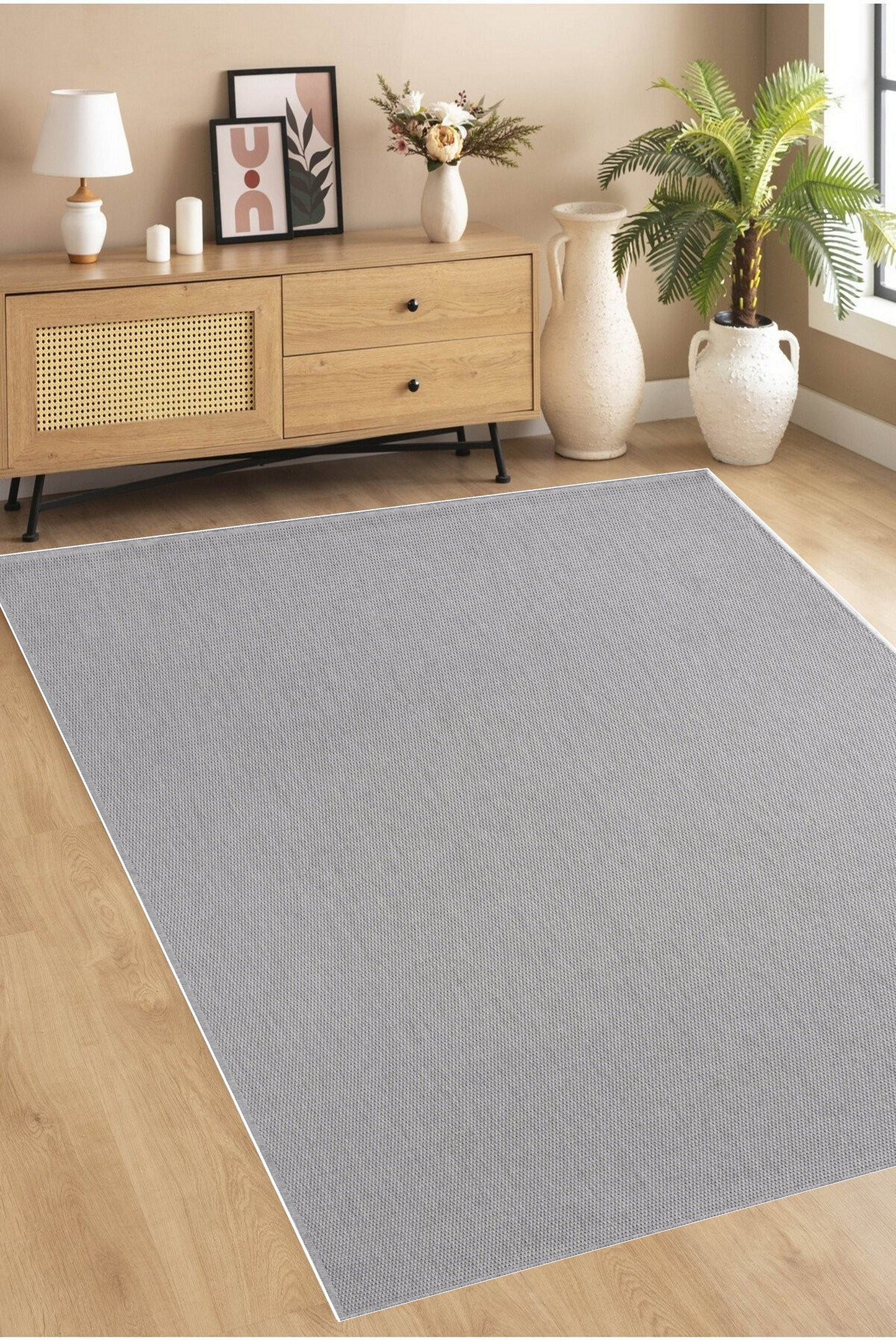 ROMANO 8785 Gri - Jüt Tabanlı Modern Dokuma Kilim Sisal Jüt Toz Vermez Hasır Halı & Yolluk & Oval & Daire